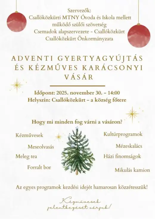 Adventi gyertyagyújtás és kézműves karácsonyi vásár