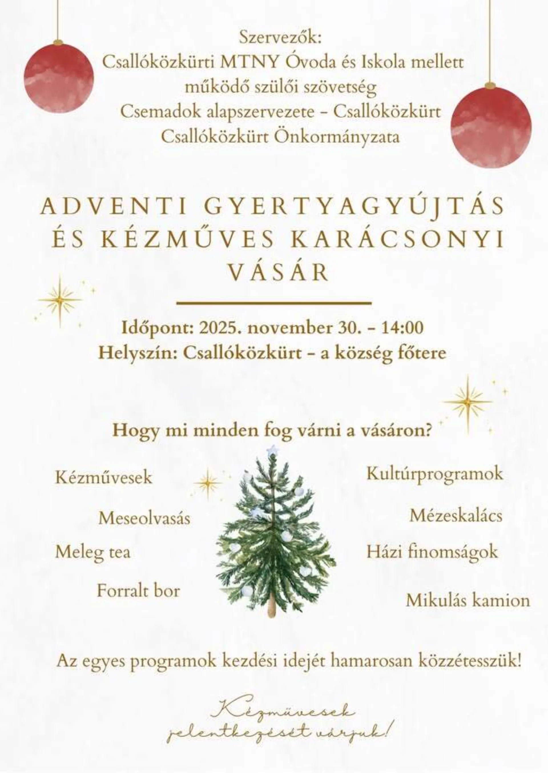 Adventi gyertyagyújtás és kézműves karácsonyi vásár